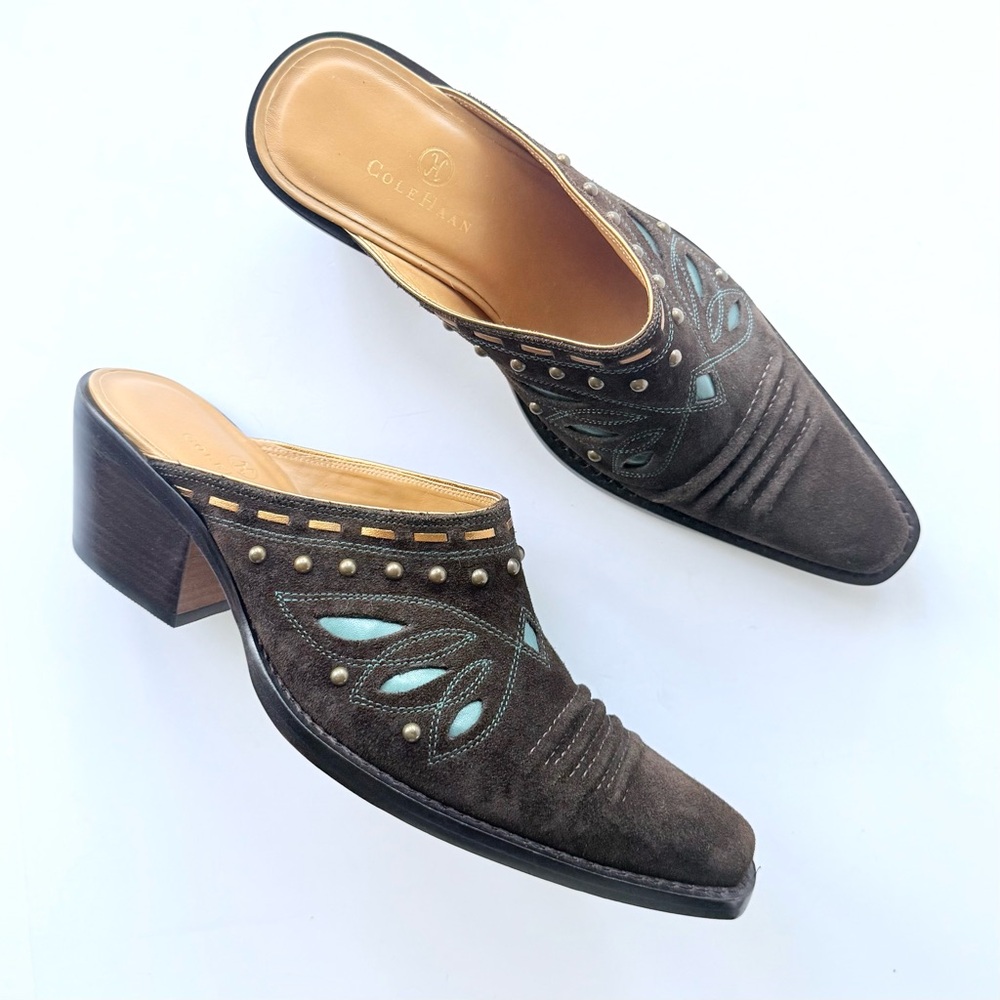 NWOB Vintage Cole Haan Moran Western Mules Brown Suede Blue Studs Accents Size 8